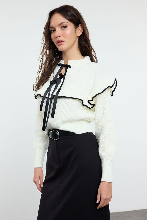 Trendyol Trendyol Ecru Ribbon/Bow and Ruffle Detailed Knitwear Sweater