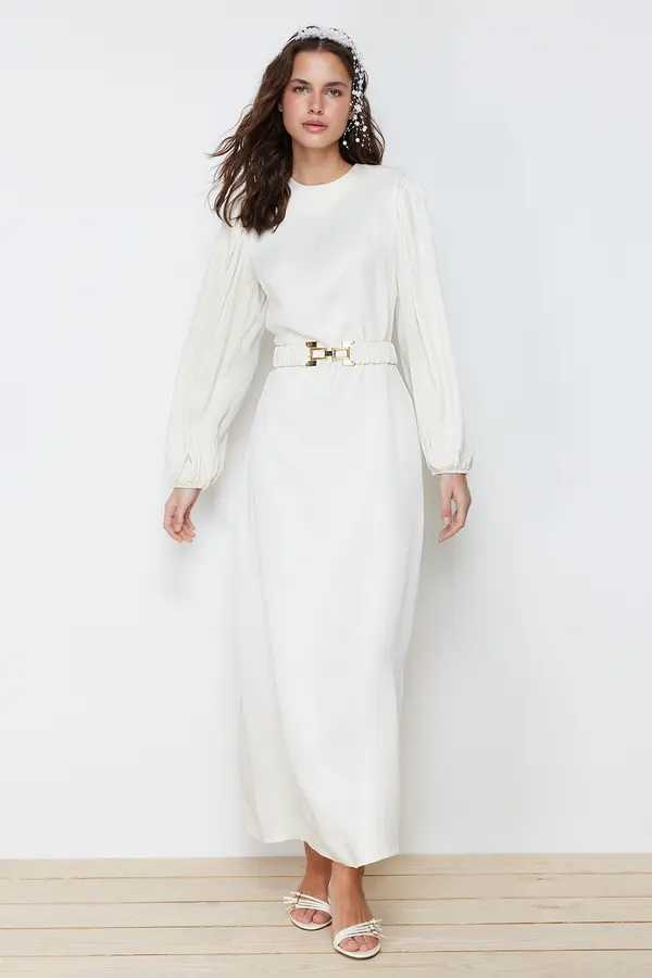Trendyol Trendyol Ecru Satin Woven Bride Wedding/Special Occasion Long Evening Evening Dress