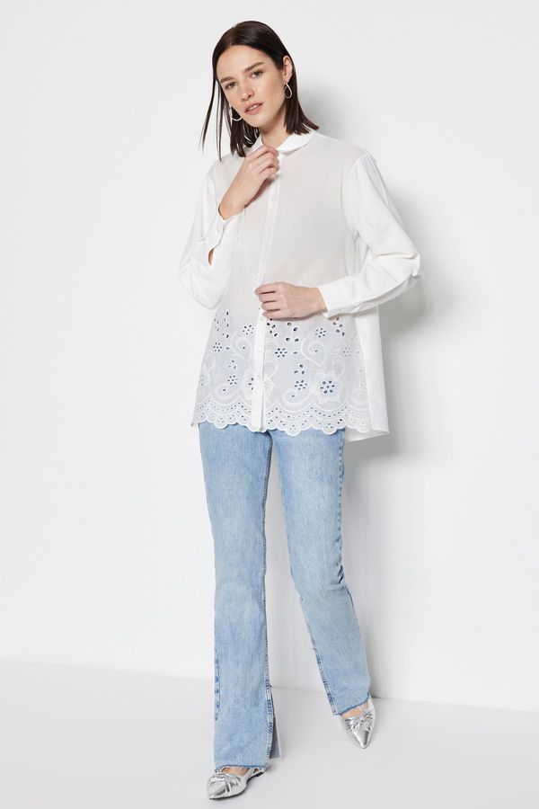 Trendyol Trendyol Ecru Scallop Detail Woven Cotton Shirt