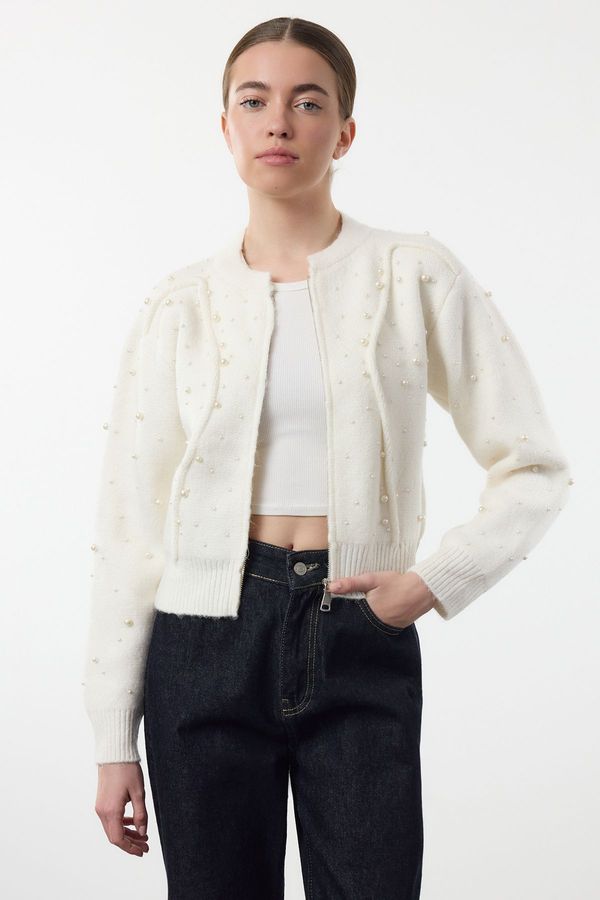 Trendyol Trendyol Ecru Soft Textured Zippered Stone Embroidered Coat-Look Knitwear Cardigan