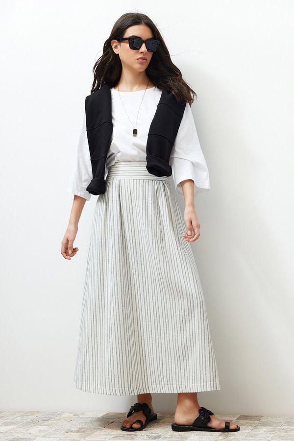 Trendyol Trendyol Ecru Striped Pocket Detailed Linen Look Woven Skirt