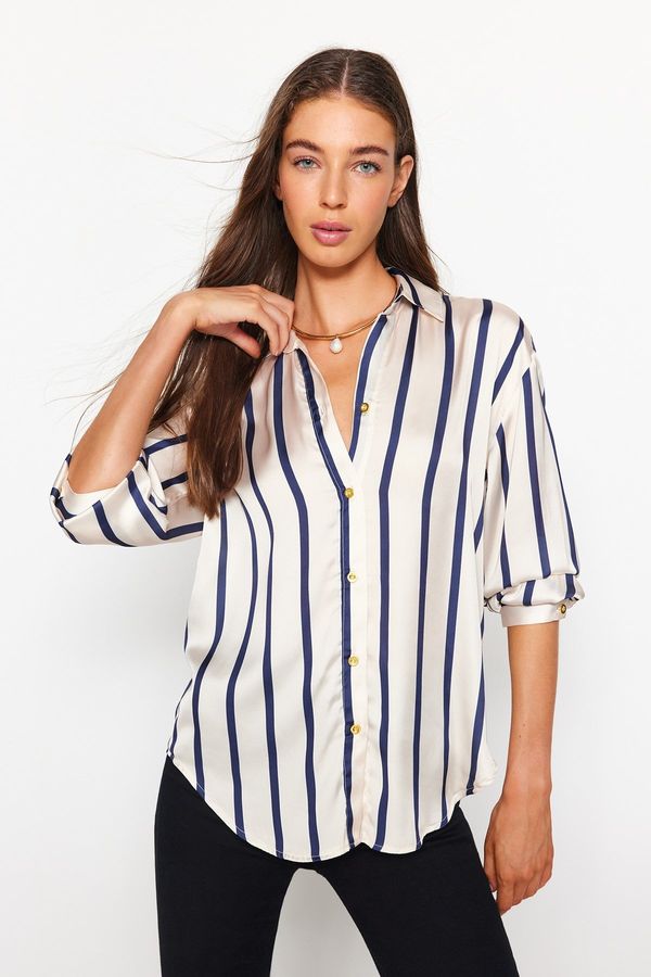 Trendyol Trendyol Ecru Striped Satin Fabric Oversize Wide Fit Woven Shirt