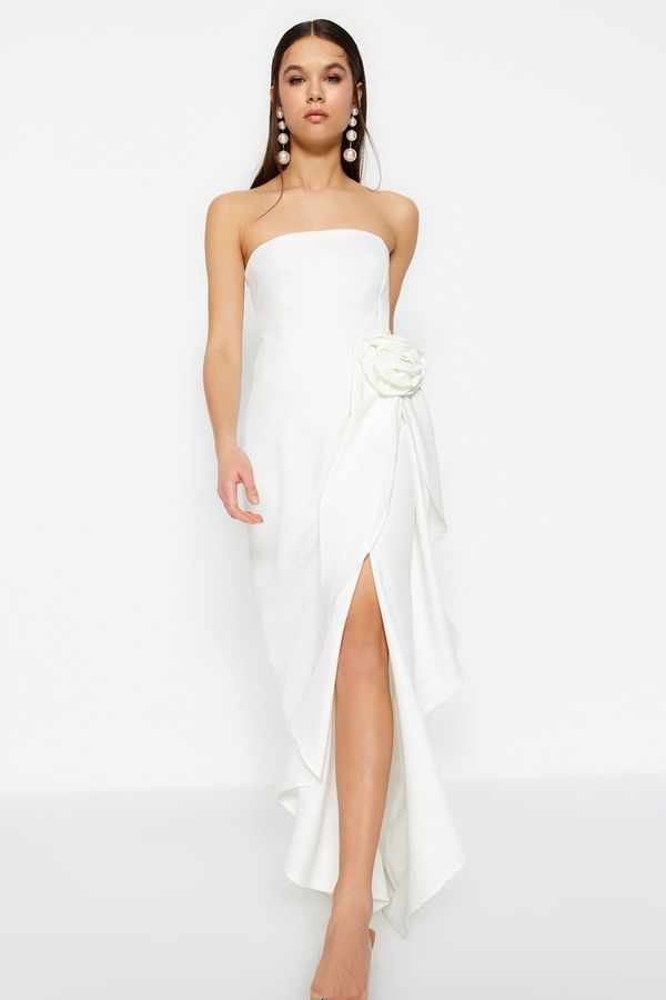 Trendyol Trendyol Ecru tkana poročna / poročna dolga večerna večerna obleka