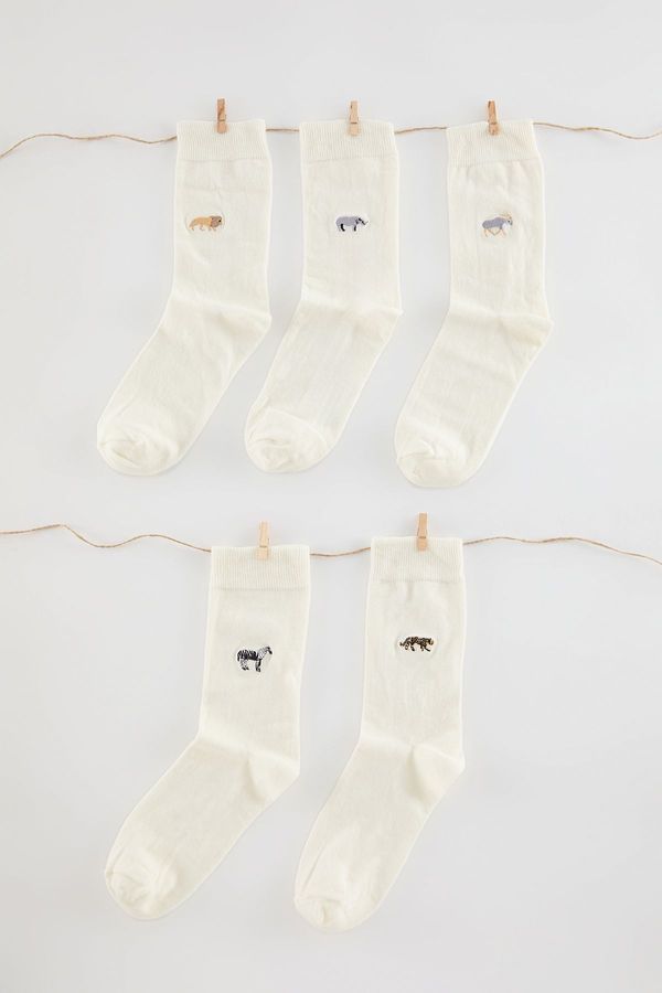 Trendyol Trendyol Ecru Unisex 5 Pack Animal Embroidered Cotton Sock-Long Socks