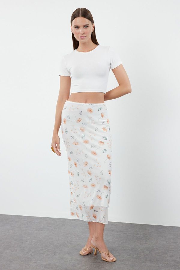 Trendyol Trendyol Ecru Waist Detailed Printed Flexible Tulle Maxi Knitted Skirt