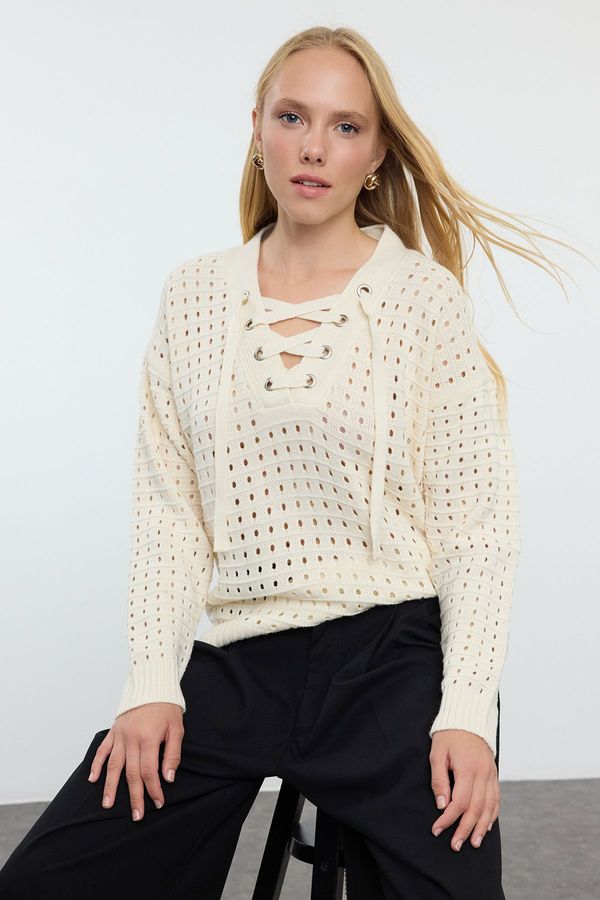 Trendyol Trendyol Ecru Wide Pattern Lace Detailed Openwork/Perforated Knitwear Sweater