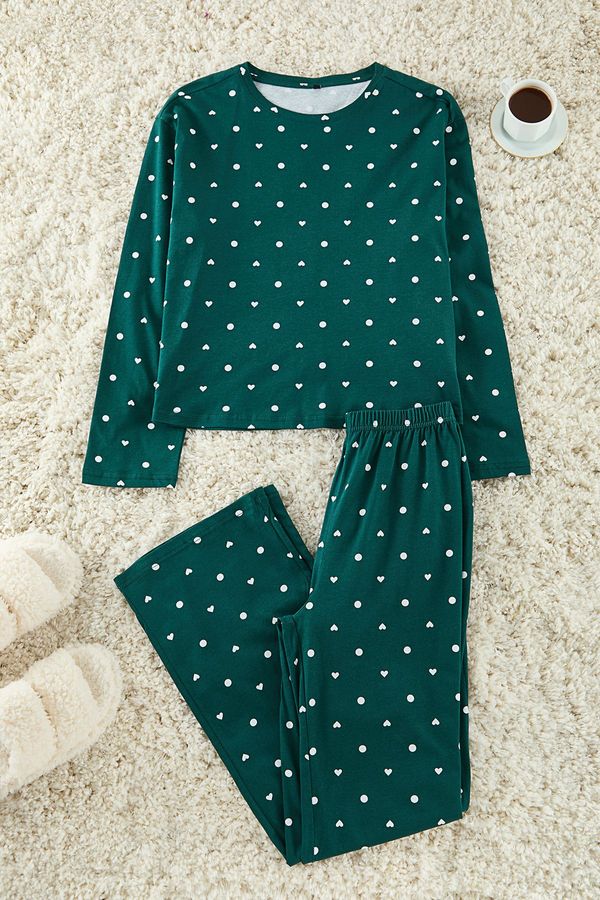 Trendyol Trendyol Emerald Green 100% Cotton Polka Dot and Heart Patterned Knitted Pajama Set