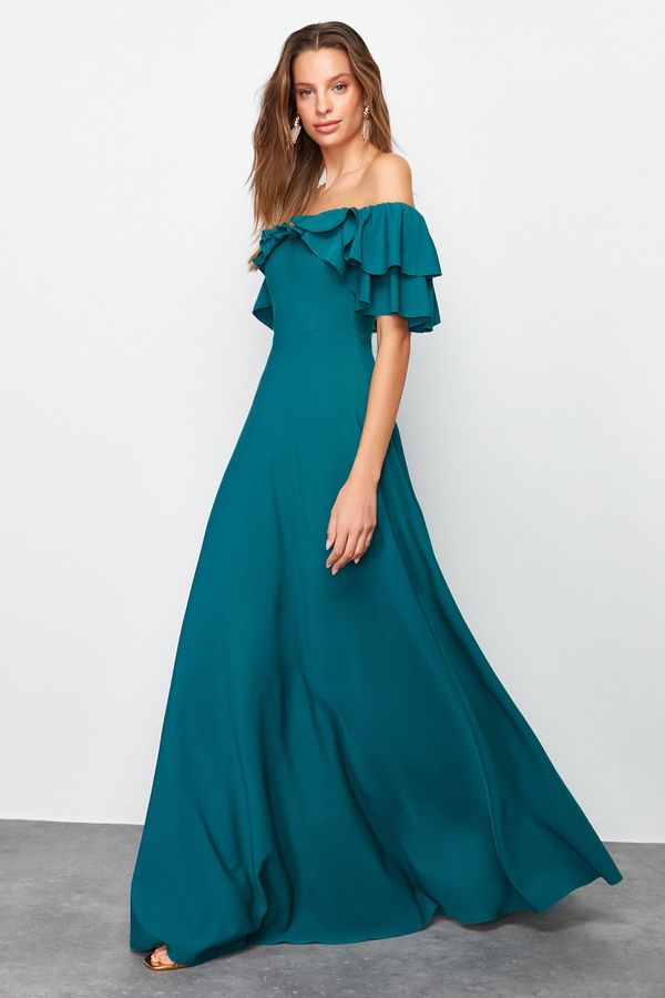 Trendyol Trendyol Emerald Green A-Cut Flounce Woven Long Elegant Evening Dress