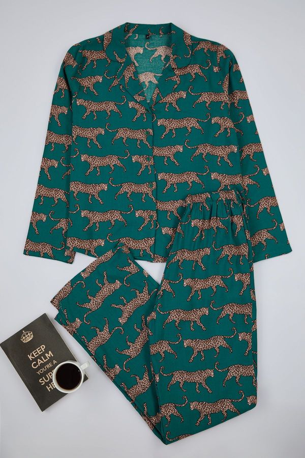 Trendyol Trendyol Emerald Green Animal Patterned Viscose Woven Pajama Set