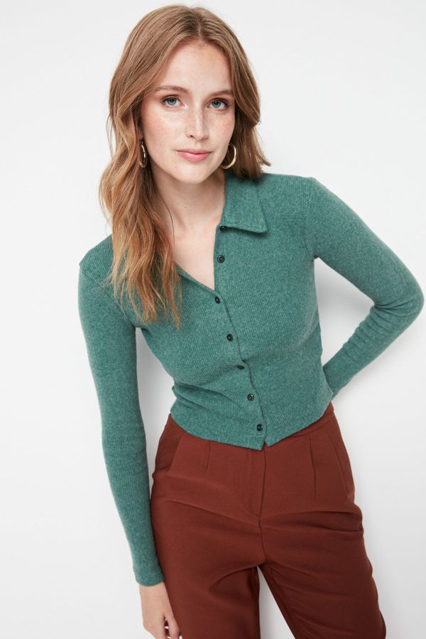 Trendyol Trendyol Emerald Green Button Detailed Fitted Crop Polo Neck Ribbed Stretchy Knitted Blouse