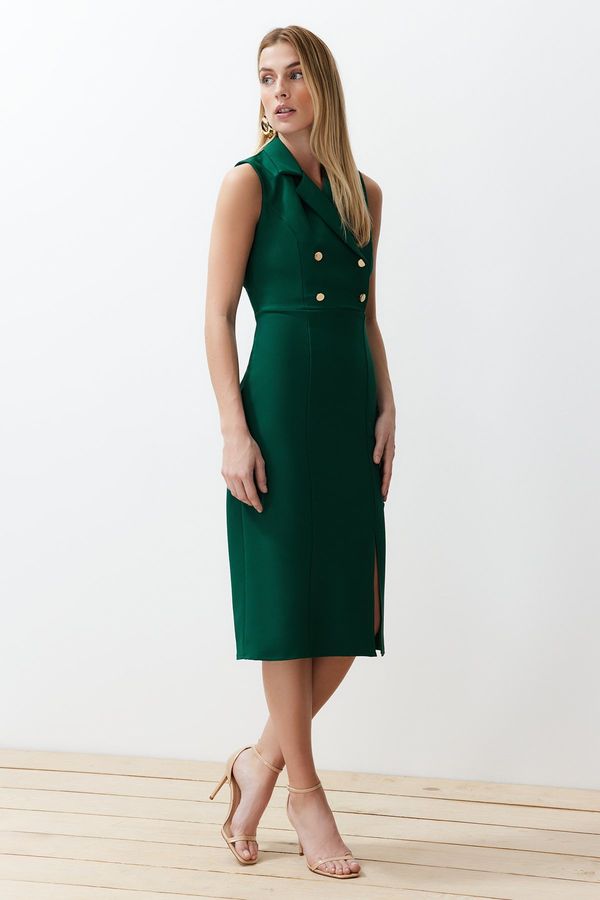 Trendyol Trendyol Emerald Green Button Detailed Slit Fitted/Sleeping Midi Woven Dress