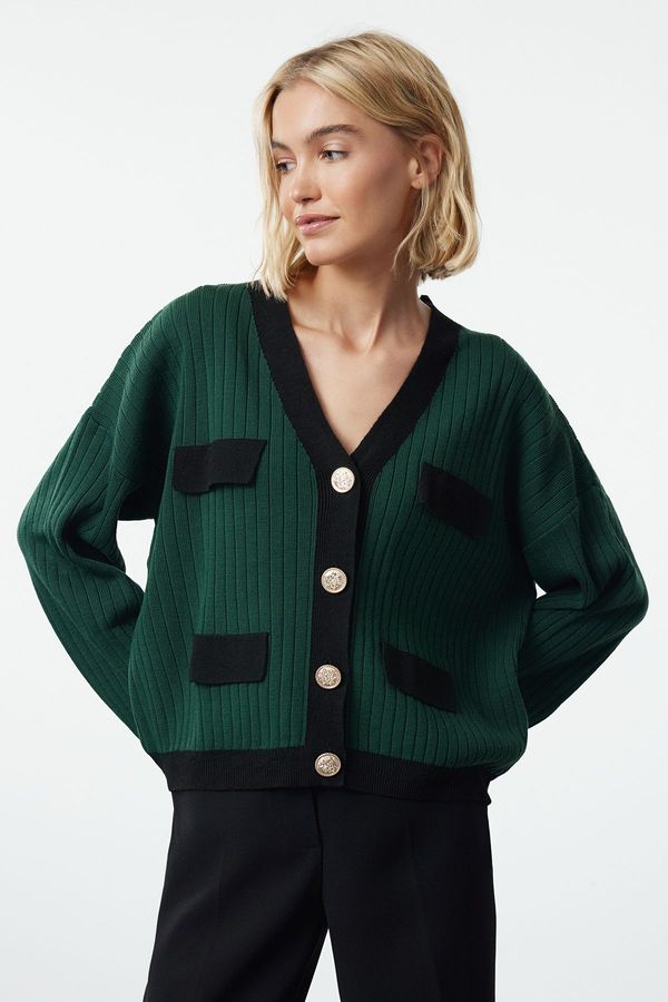 Trendyol Trendyol Emerald Green Color Block V Neck Knit Cardigan