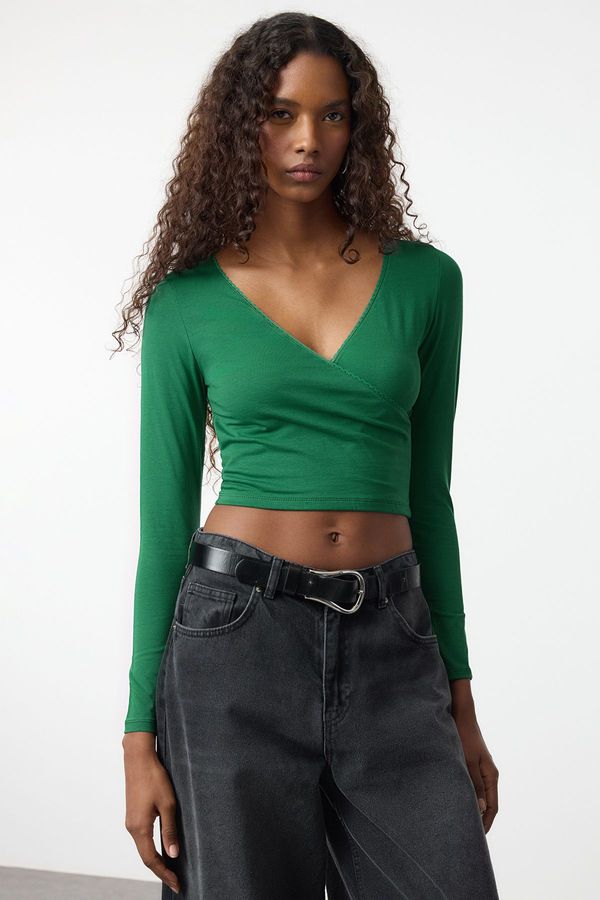 Trendyol Trendyol Emerald Green Deep Double Breasted Lace Detailed Long Sleeve Crop Cotton Flexible Knit Blouse