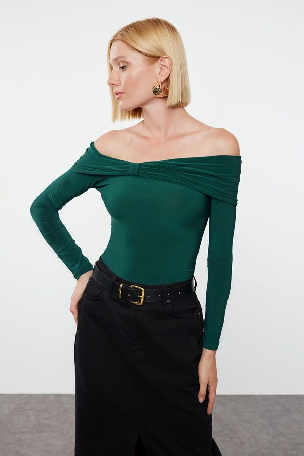 Trendyol Trendyol Emerald Green Drape Detailed Fitted Long Sleeve Stretchy Knitted Blouse