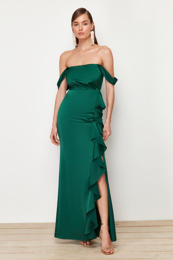 Trendyol Trendyol Emerald Green Flounce Satin Long Evening Dress