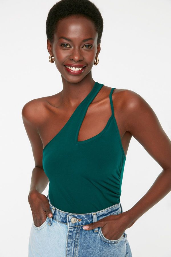 Trendyol Trendyol Emerald Green One Shoulder Draped Fitted Stretchy Knitted Blouse