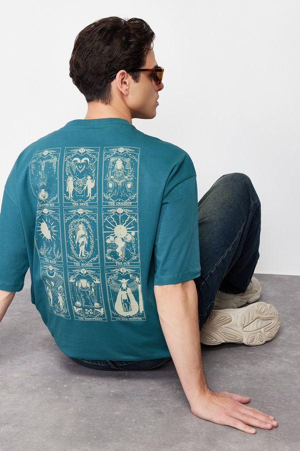 Trendyol Trendyol Emerald Green Oversize/Wide Cut 100% Tarot Printed T-Shirt