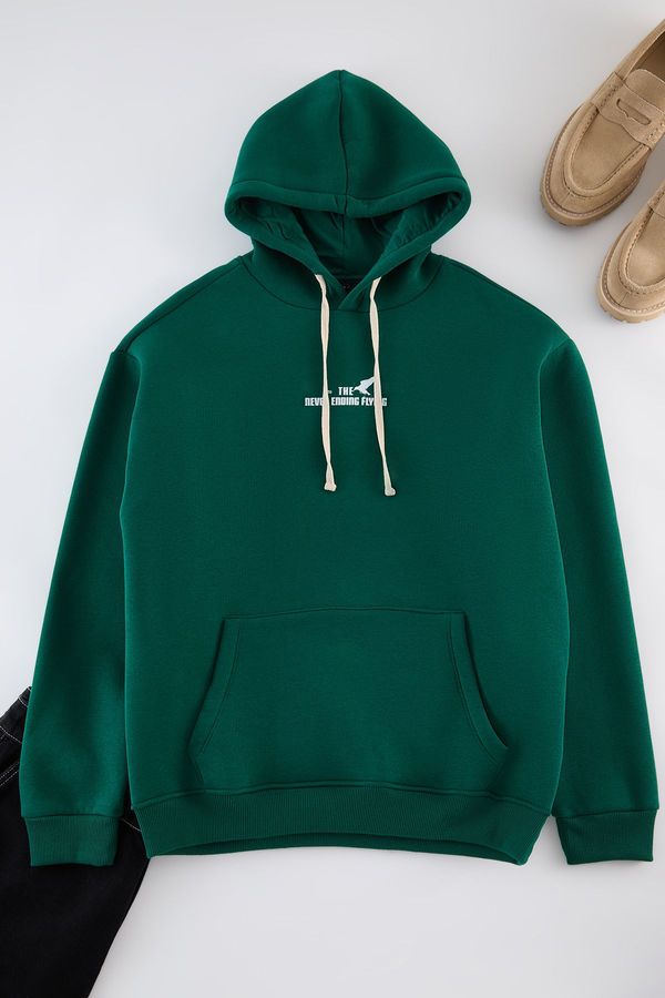 Trendyol Trendyol Emerald Green Oversize/Wide Cut Hooded Printed Fleece Inside Cotton Sweatshirt