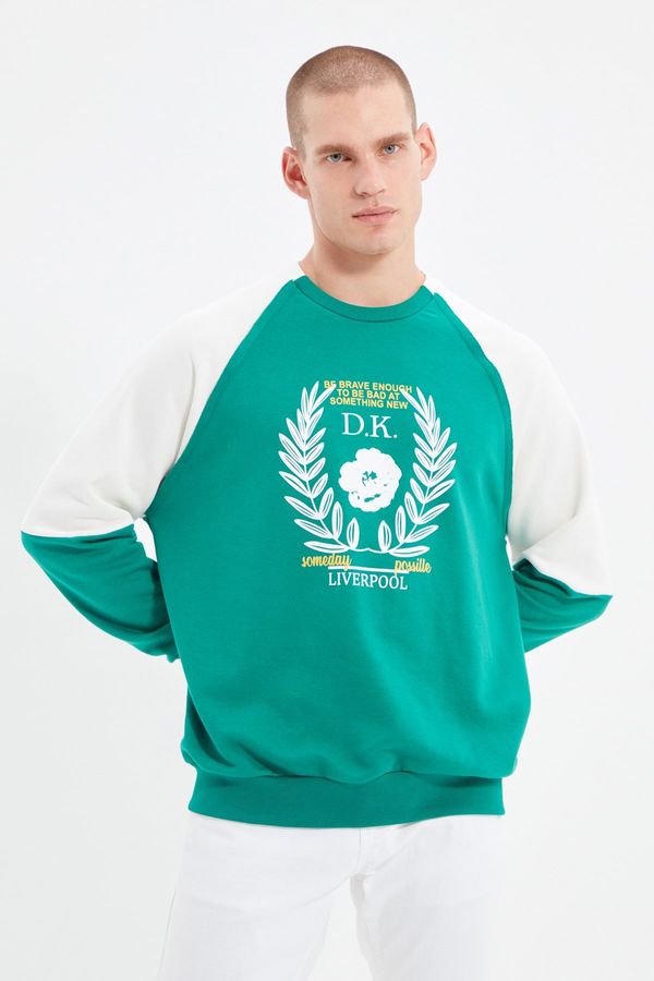 Trendyol Trendyol Emerald Green Oversize/Wide Cut Sleeve Panel Printed Sweatshirt