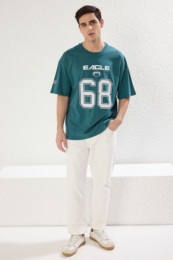 Trendyol Trendyol Emerald Green Oversize/Wide Cut Sports Printed T-Shirt