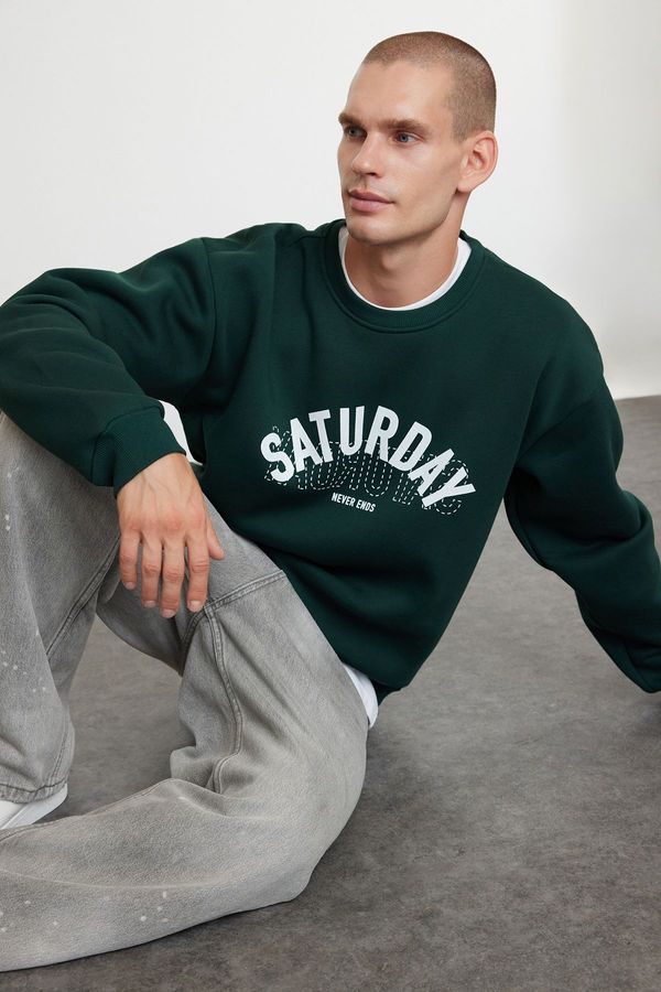 Trendyol Trendyol Emerald Green Oversize/Wide Cut Text Printed Sweatshirt