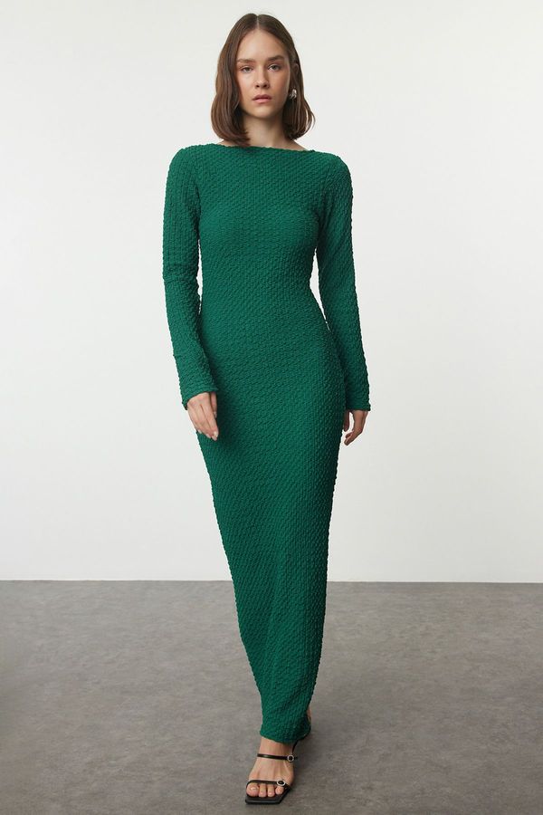 Trendyol Trendyol Emerald Green Plain Textured Fitted Maxi Knitted Dress