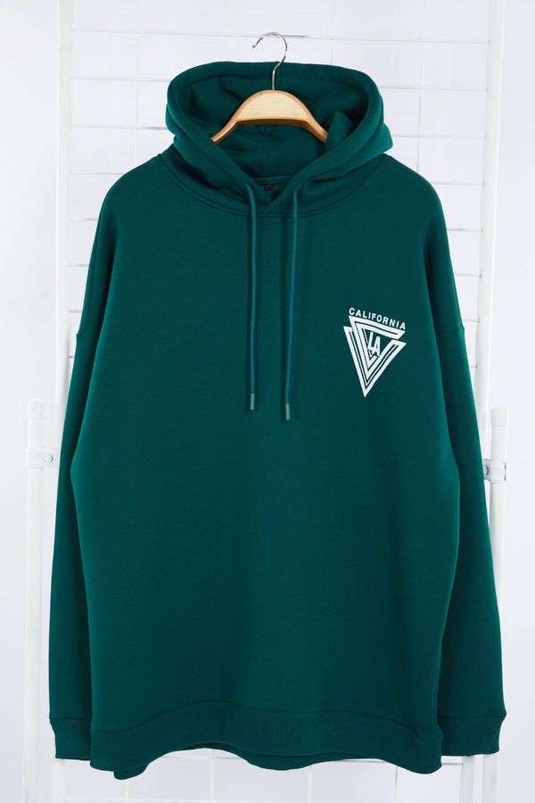Trendyol Trendyol Emerald Green Plus Size Oversize/Wide Cut College Printed Sweatshirt with Fleece Inside