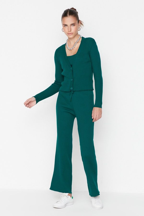 Trendyol Trendyol Emerald Green Ribbed Blouse, Cardigan, Pants, Sweater Top-Top Suit