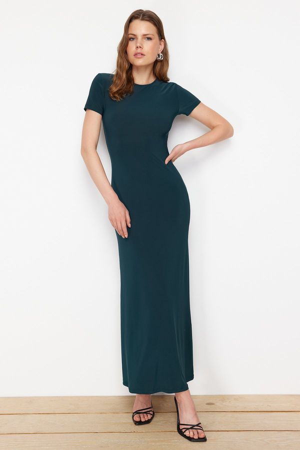 Trendyol Trendyol Emerald Green Short Sleeve Bodycone/Slippery Crew Neck Stretch Knitted Maxi Dress