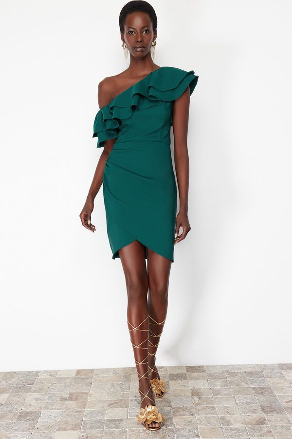 Trendyol Trendyol Emerald Green Single Sleeve Ruffled Woven Short Elegant Evening Dress