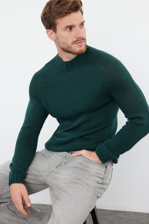 Trendyol Trendyol Emerald Green Slim Fit Slim Cut Half Turtleneck Raglan Sleeve Plain Basic Knitwear Sweater