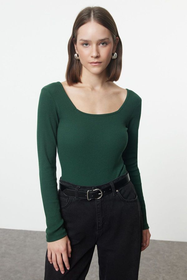 Trendyol Trendyol Emerald Green Square Neck Long Sleeve Ribbed Stretchy Snap Fastener Knitted Bodysuit