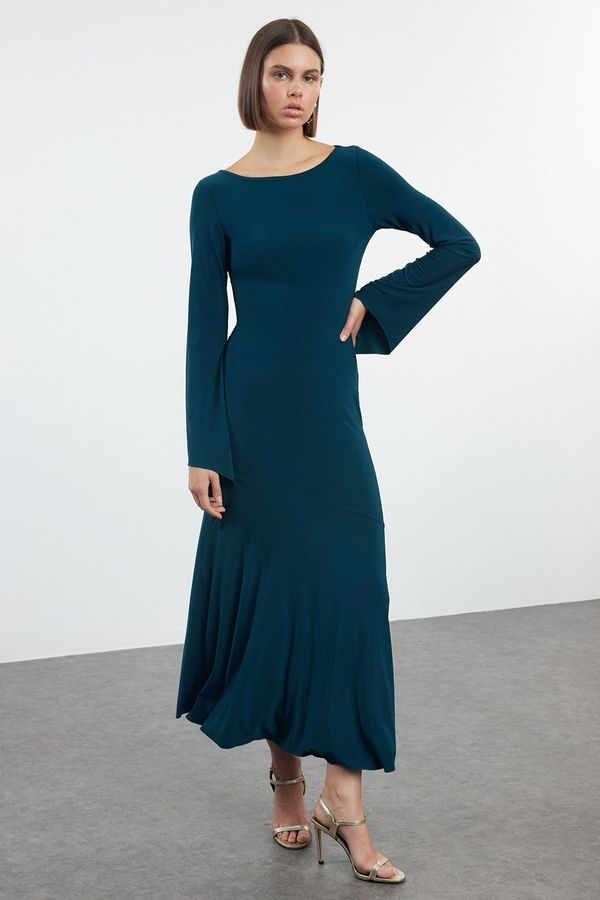 Trendyol Trendyol Emerald Green Straight Boat Neck Fitted Skirt Flounce Maxi Flexible Knitted Dress