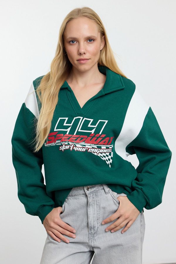 Trendyol Trendyol Emerald Green Thick Fleece Inside Oversize/Wide Fit Polo Neck Knitted Sweatshirt