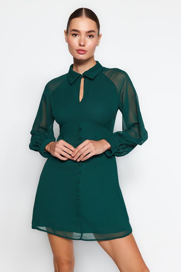 Trendyol Trendyol Emerald Green Waist Button Podrobna Chiffon Mini tkana tkana obleka