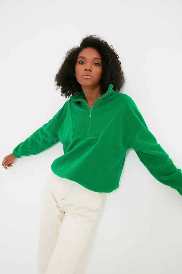 Trendyol Trendyol Emerald Green Zipper Detail Fleece Knitted Sweatshirt