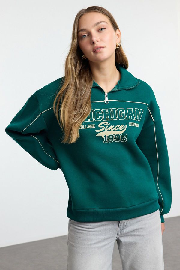 Trendyol Trendyol Emerald Green Zippered Printed Oversize Thick Inside Fleece Knitted Sweatshirt