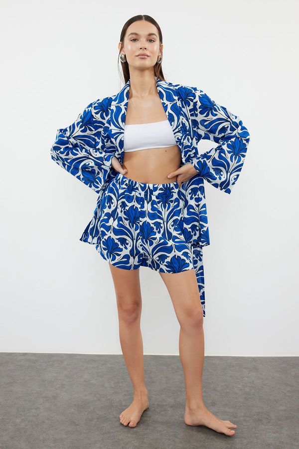 Trendyol Trendyol Ethnic Patterned Belted Woven 100% Cotton Kimono Shorts Set