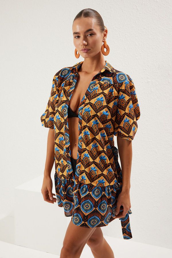 Trendyol Trendyol Ethnic Patterned Mini Woven Balloon Sleeve Beach Dress