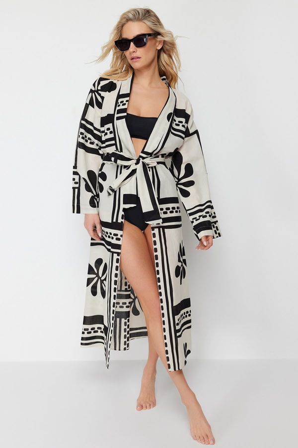 Trendyol Trendyol Floral Pattern Belted Maxi Woven 100% Cotton Kimono & Kaftan