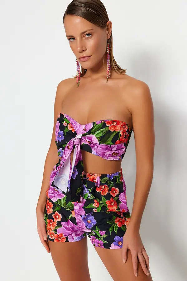 Trendyol Trendyol Floral Patterned Woven Tie 100% Cotton Blouse Shorts Beach Set