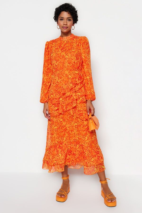 Trendyol Trendyol Frill podložena tkana obleka Chiffon z oranžnim cvetličnim krilom