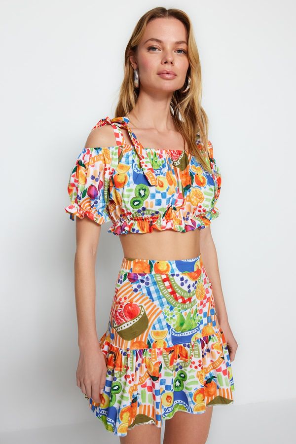 Trendyol Trendyol Fruit Patterned Woven Ruffle Blouse and Skirt Set