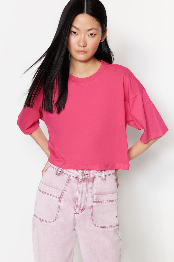 Trendyol Trendyol Fuchsia 100% Cotton Premium Crop Crew Neck Knitted T-Shirt