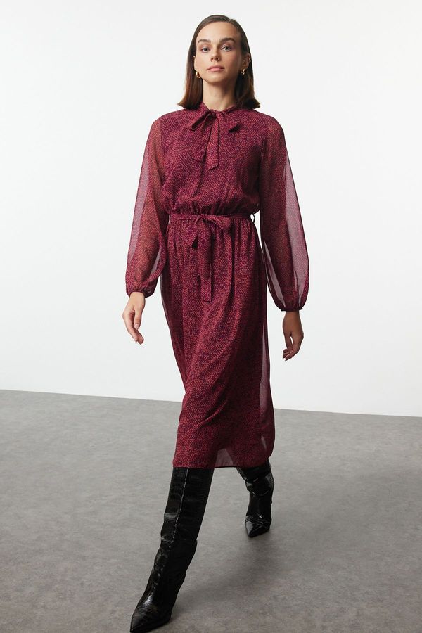 Trendyol Trendyol Fuchsia Belted Animal A-line Midi Woven Winter Dress