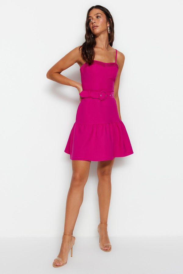 Trendyol Trendyol fuchsia Belted Mini tkani flounce rebrasta podrobna tkana tkana obleka