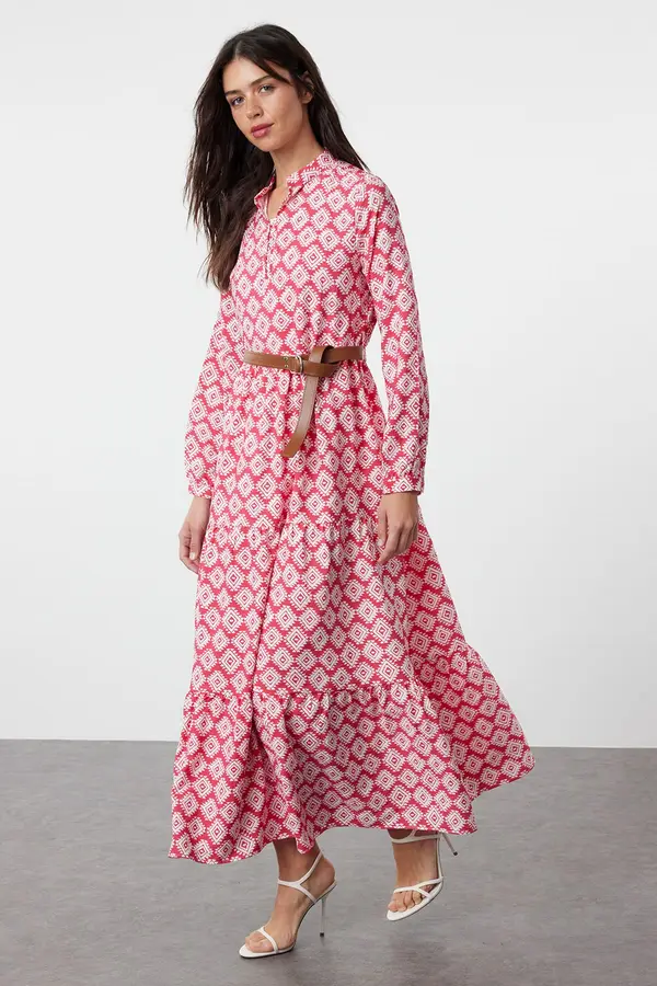 Trendyol Trendyol Fuchsia Belted Skirt Flounced Floral Patterned Lined Woven Dress