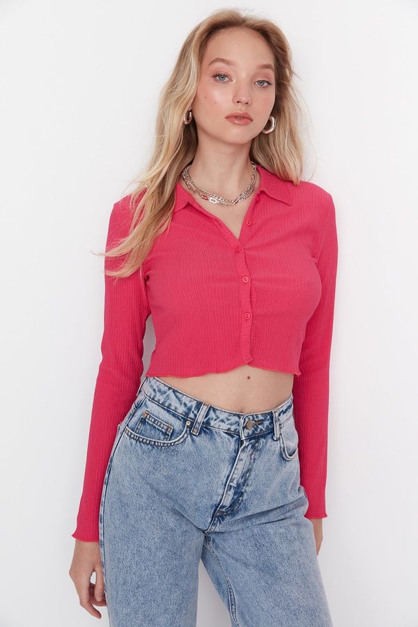 Trendyol Trendyol Fuchsia Buttoned Fitted Polo Neck Wrap/Textured Crop Knitted Blouse