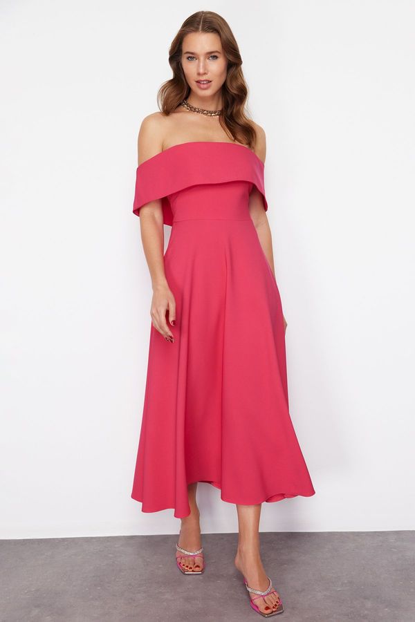 Trendyol Trendyol Fuchsia Carmen Collar A-Cut Woven Chic Midi Evening Dress