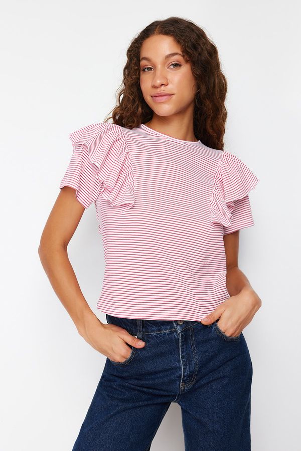 Trendyol Trendyol Fuchsia Ecru Striped Ruffle Detailed Regular/Normal Pattern Knitted T-Shirt